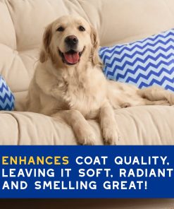 A dog on a couch, with a blue text banner at the bottom reading 'ENHANCES COAT QUALITY, LEAVING IT SOFT, RADIANT AND SMELLING GREAT'.