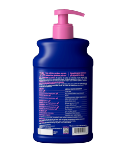 The back of a 16 fl oz bottle of DOUXO Itch Soothing Shampoo for dogs, featuring a dark blue bottle with a light pink pump dispenser and pink label accents.