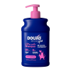 The front of a 16 fl oz bottle of DOUXO Itch Soothing Shampoo for dogs, featuring a dark blue bottle with a light pink pump dispenser and pink label accents.