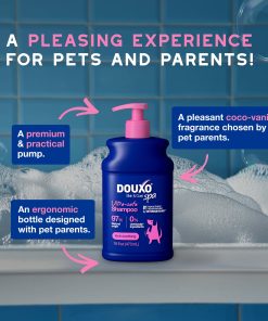A bottle of DOUXO SPA Itch Soothing Shampoo, with a text banner above reading A pleasing experience for pets and parents!