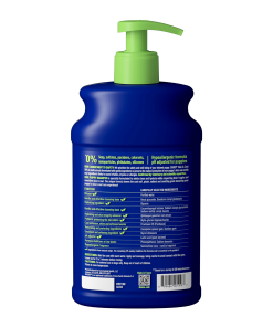 The back of a 16 fl oz bottle of DOUXO Puppy Ultra-safe Shampoo for dogs, featuring a dark blue bottle with a light green pump dispenser and green label accents.