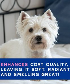 A close-up photo of a dog with a blue text banner at the bottom reading 'ENHANCES COAT QUALITY, LEAVING IT SOFT, RADIANT AND SMELLING GREAT!'.